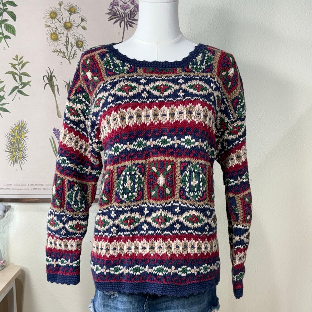 Vintage 90s Hand Knit Fair Isle Sweater Cottage Grandma Cowgirl Grannycore MP M